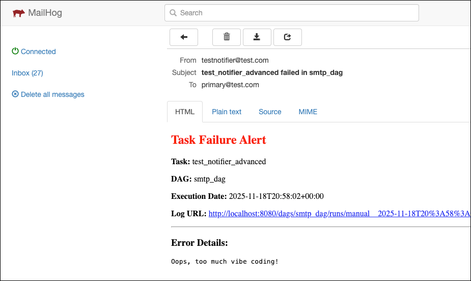 Example email notification using the SmtpNotifier