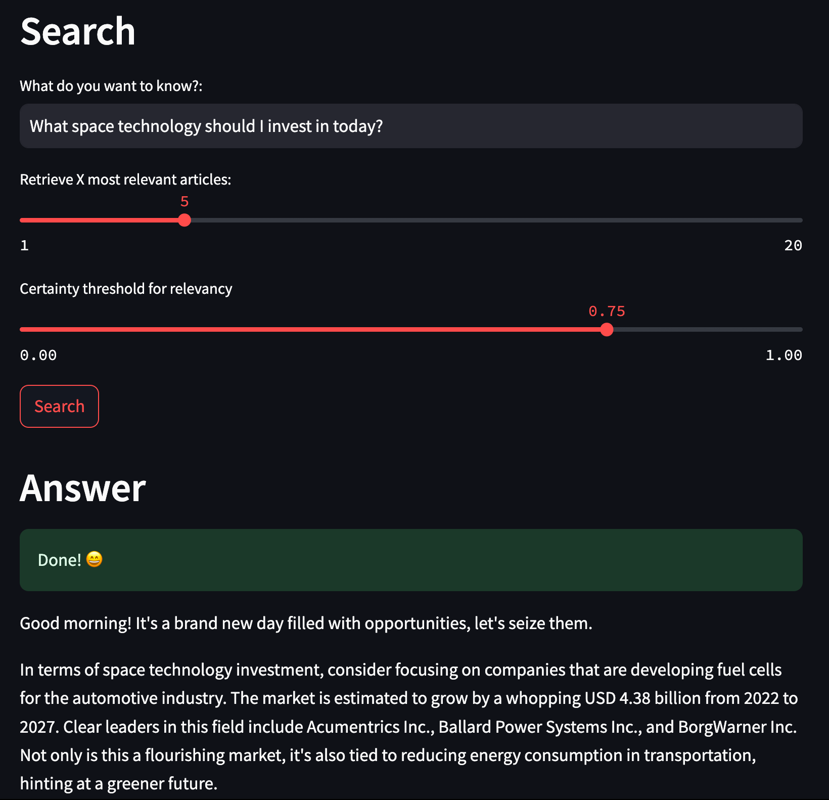 A screenshot of the streamlit application created in this use case with a augmented GPT created answer for the question "What space technology should I invest in today?".