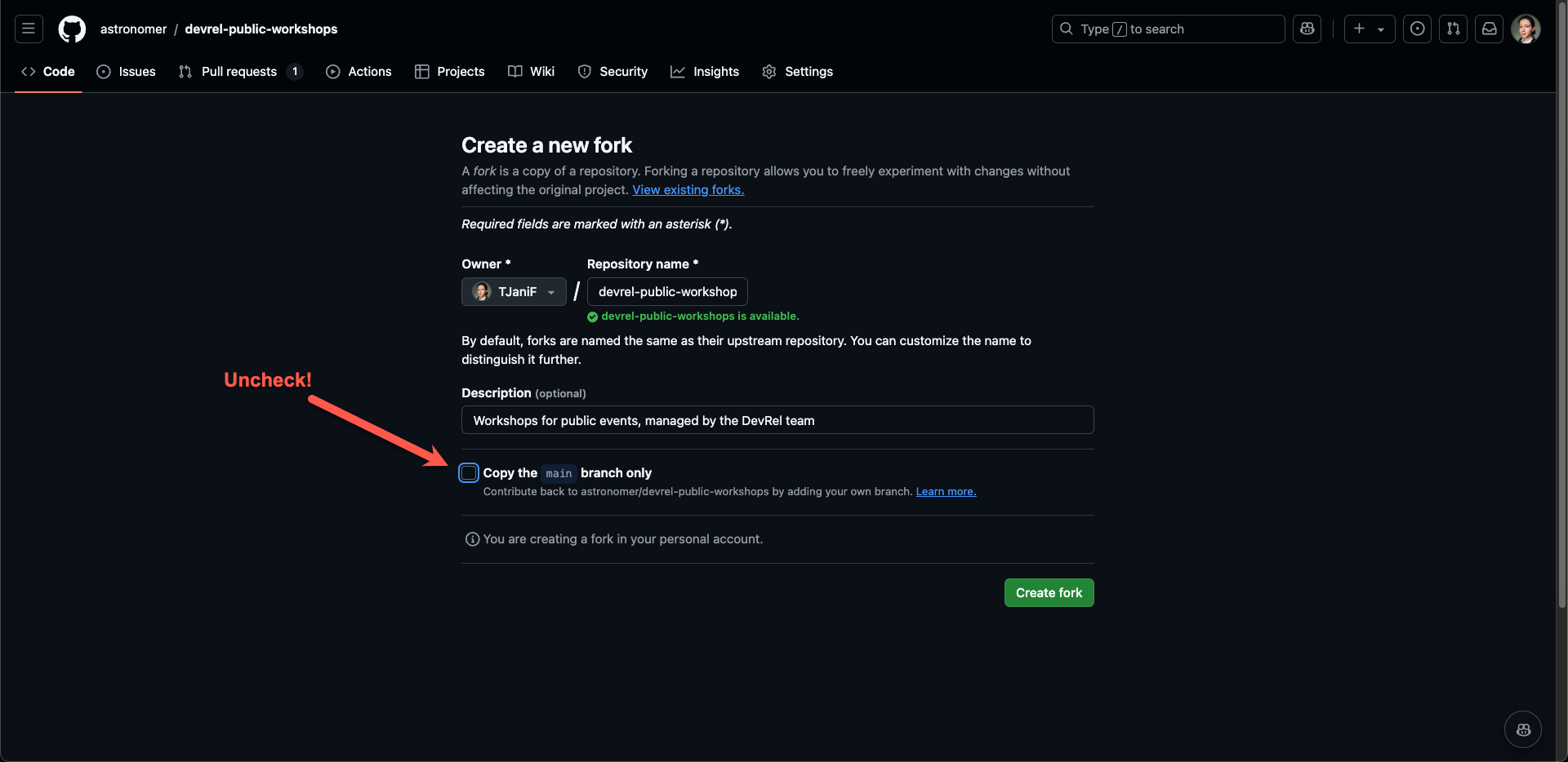Screenshot of GitHub showing how to fork the respository and the box to uncheck
