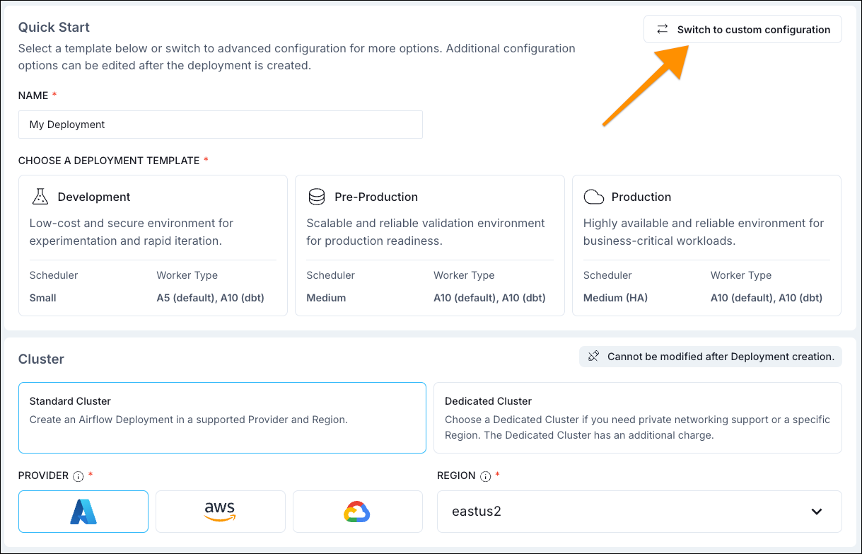 Switch to custom configuration button