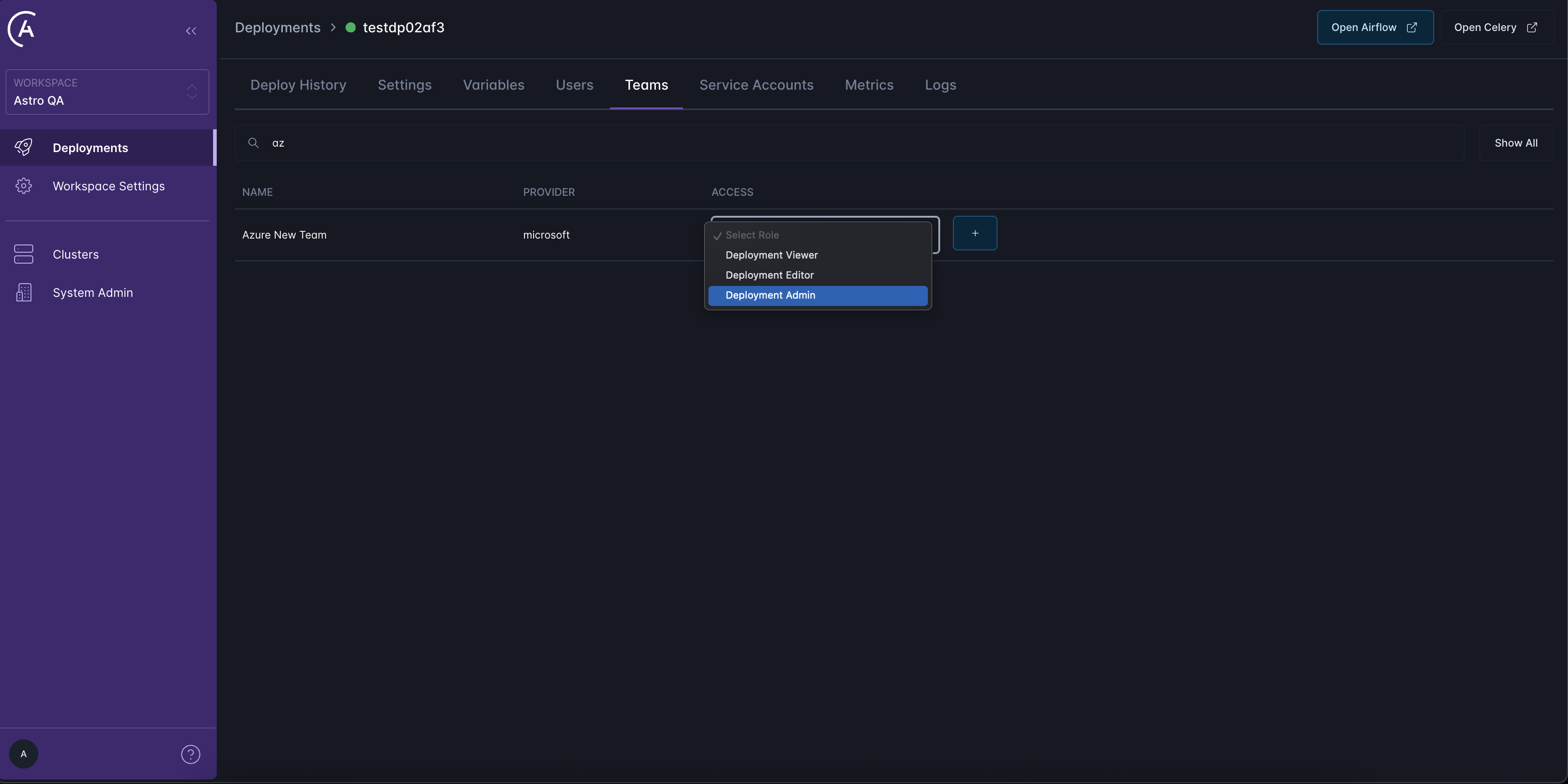 Screen for adding a Team to a Deployment