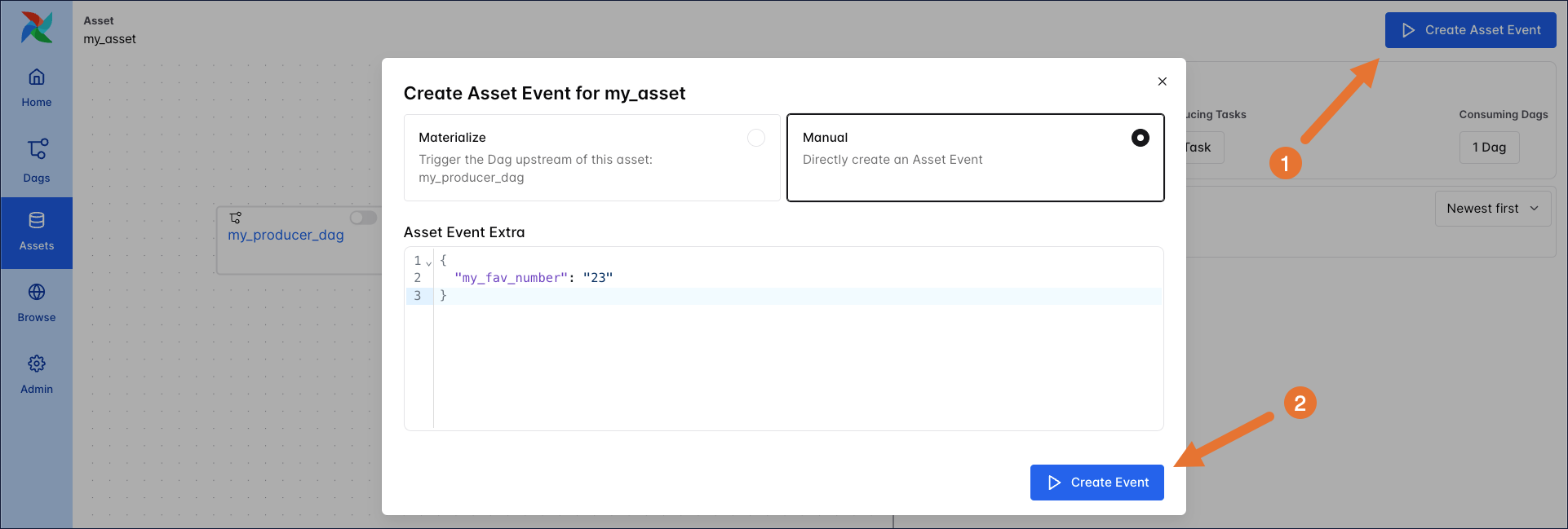 Screenshot of the Airflow UI showing manual updates to an asset.