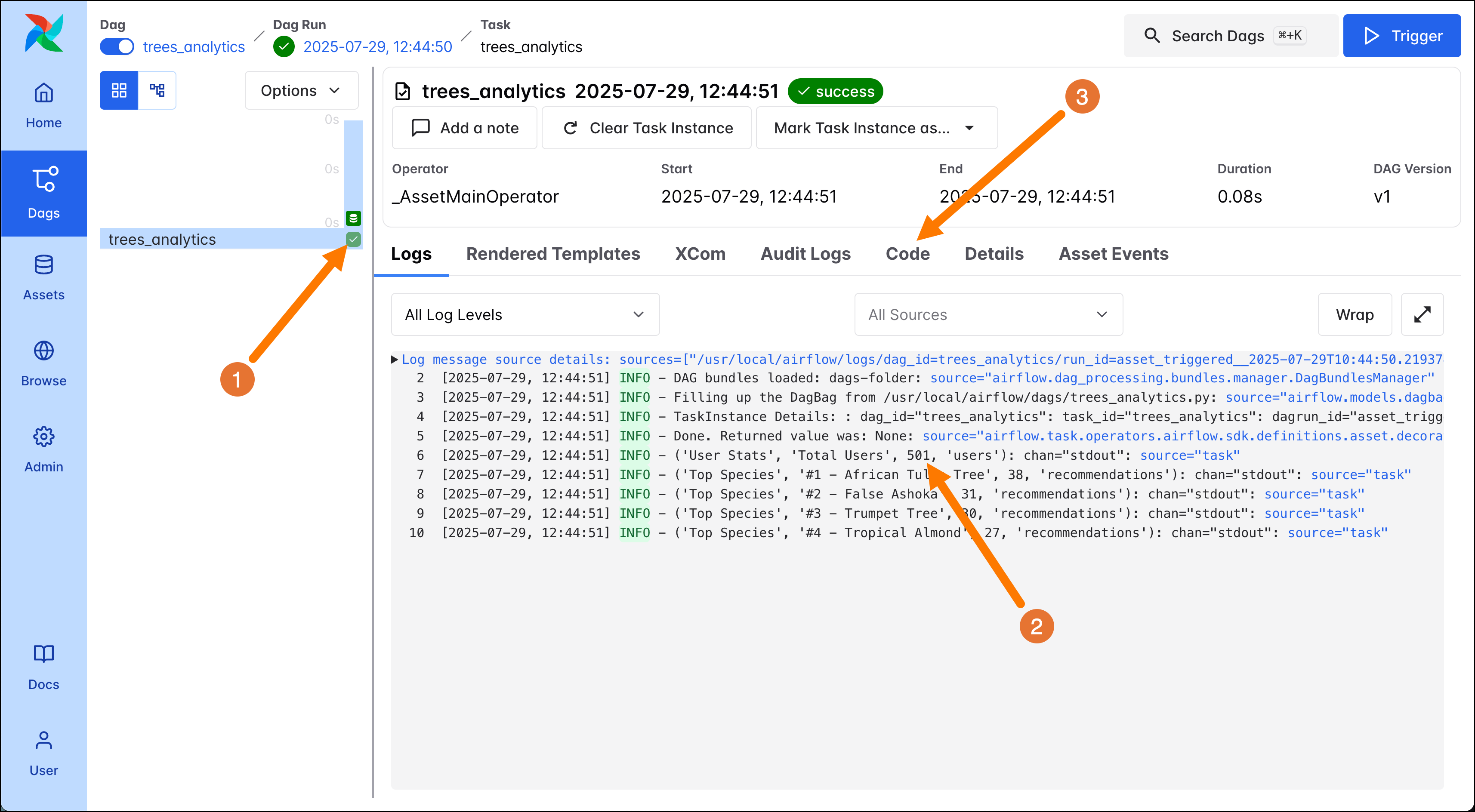 Screenshot of the task logs of the trees_analytics task showing 501 users in the database.