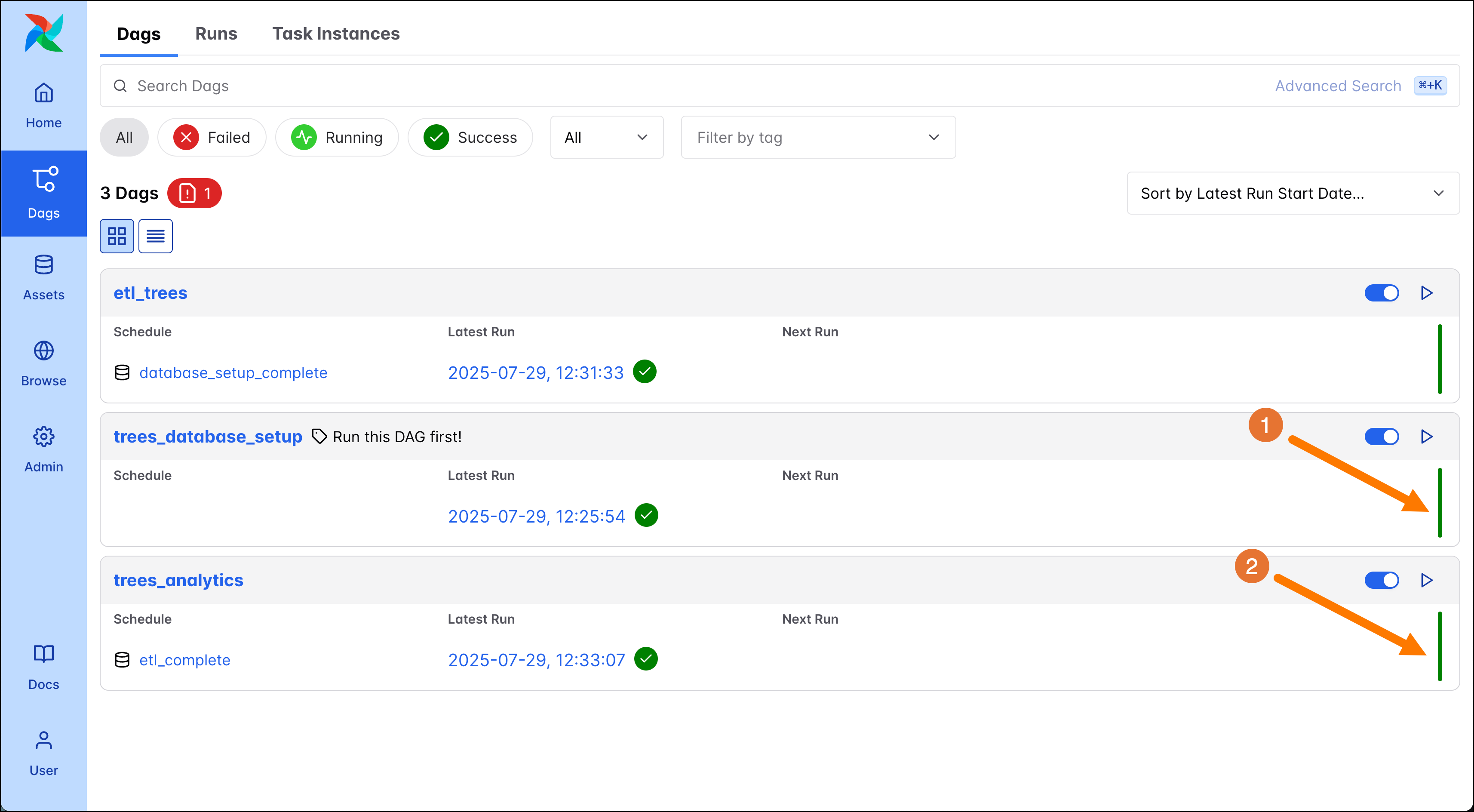 Screenshot of the Airflow UI with successful DAG runs