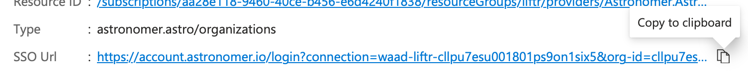 The Azure SSO URL and the 'copy to clipboard' button