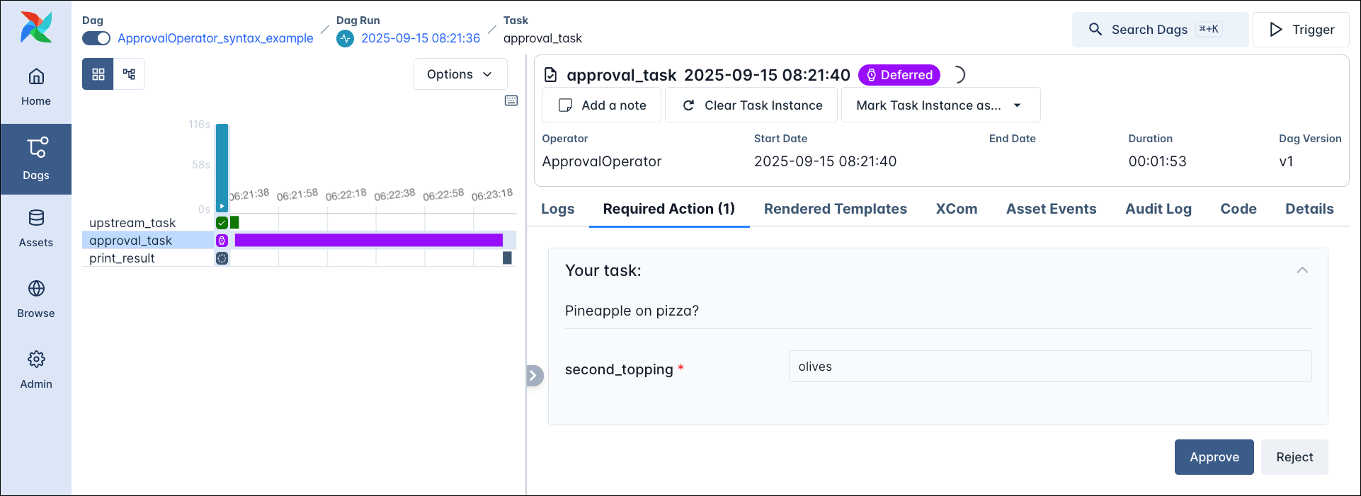 Screenshot of the Airflow UI showing the ApprovalOperator task instance page with the Required Actions tab open.