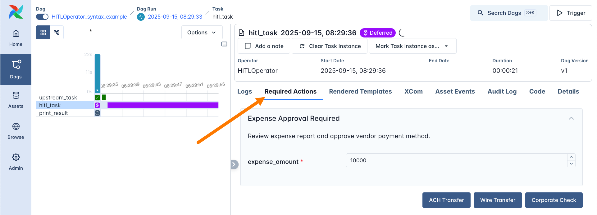 Screenshot of the Airflow UI showing the HITLOperator task instance page with the Required Actions tab open.