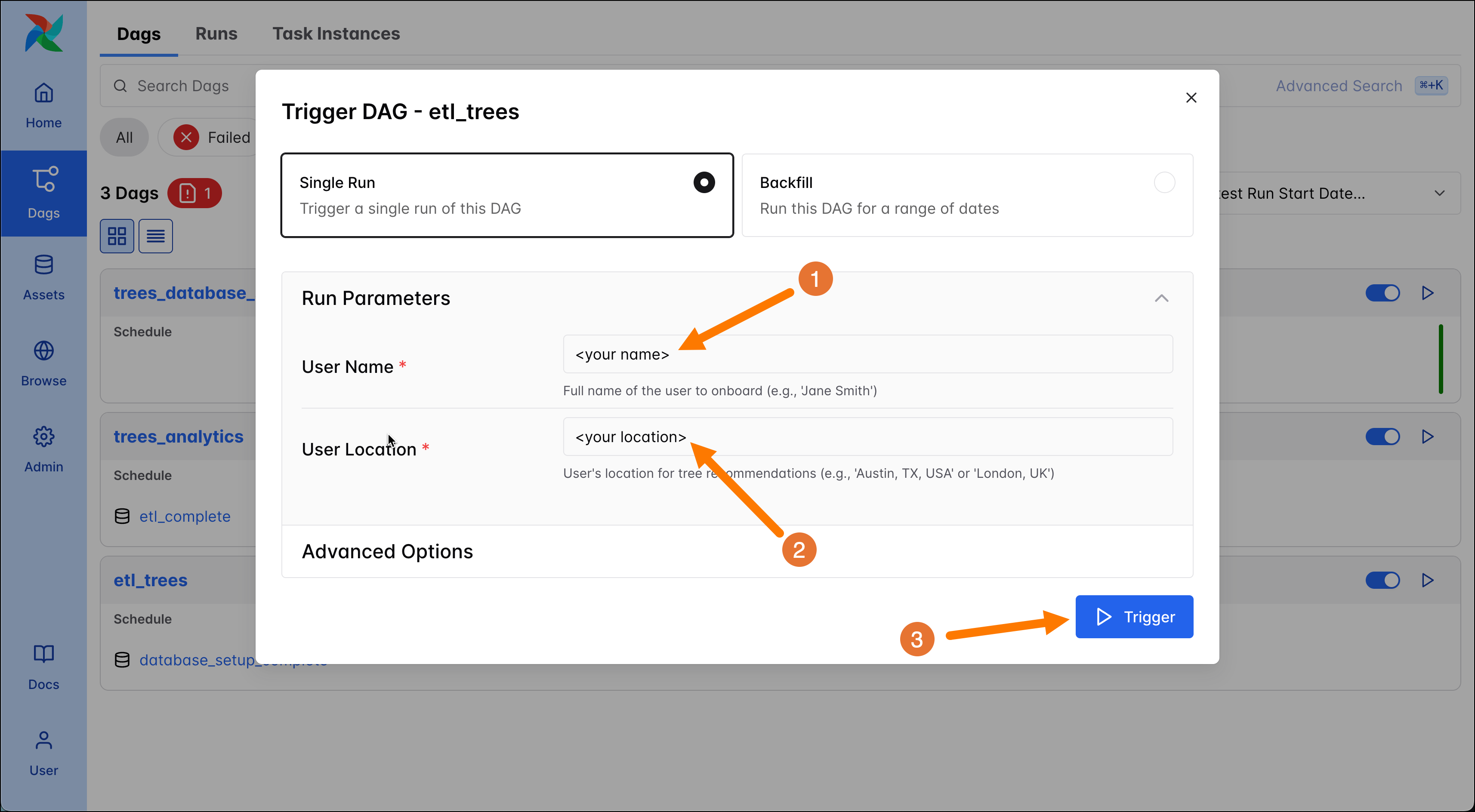 Screenshot of the Airflow UI showing the DAG Trigger form