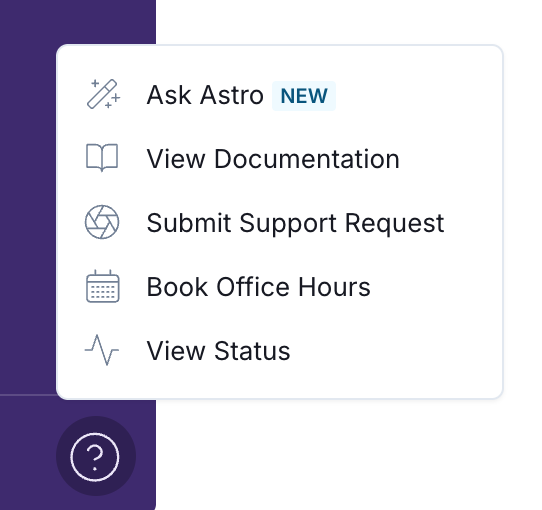 A screenshot showing the menu in cloud.astronomer.io which contains a Book Office Hours entry