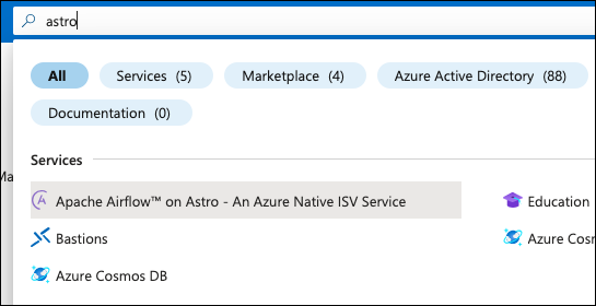 The Azure marketplace search bar. The text 'astro' is entered and the search bar returns the Astro Azure Native ISC Service as a result.