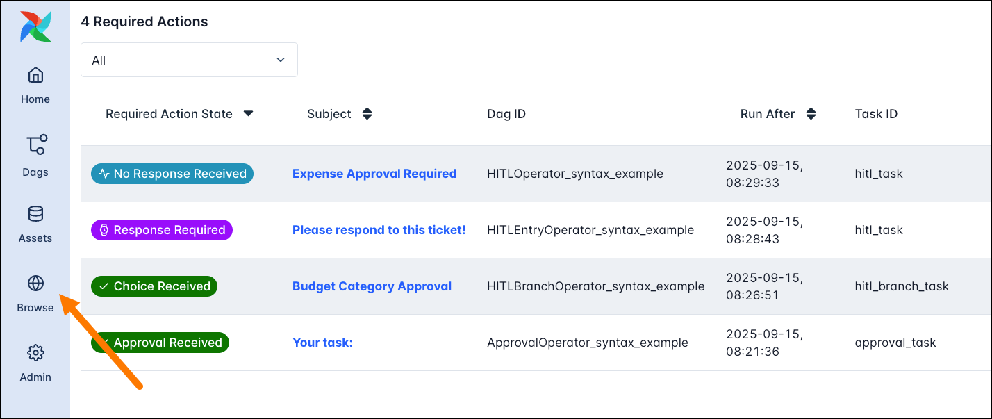 Screenshot of the Airflow UI showing the list of Required Actions under Browse -> Required Actions.