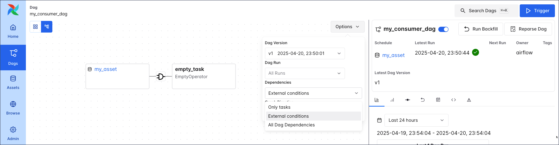 Screenshot of a DAG Graph showing my_producer_task connected to the my_asset asset.