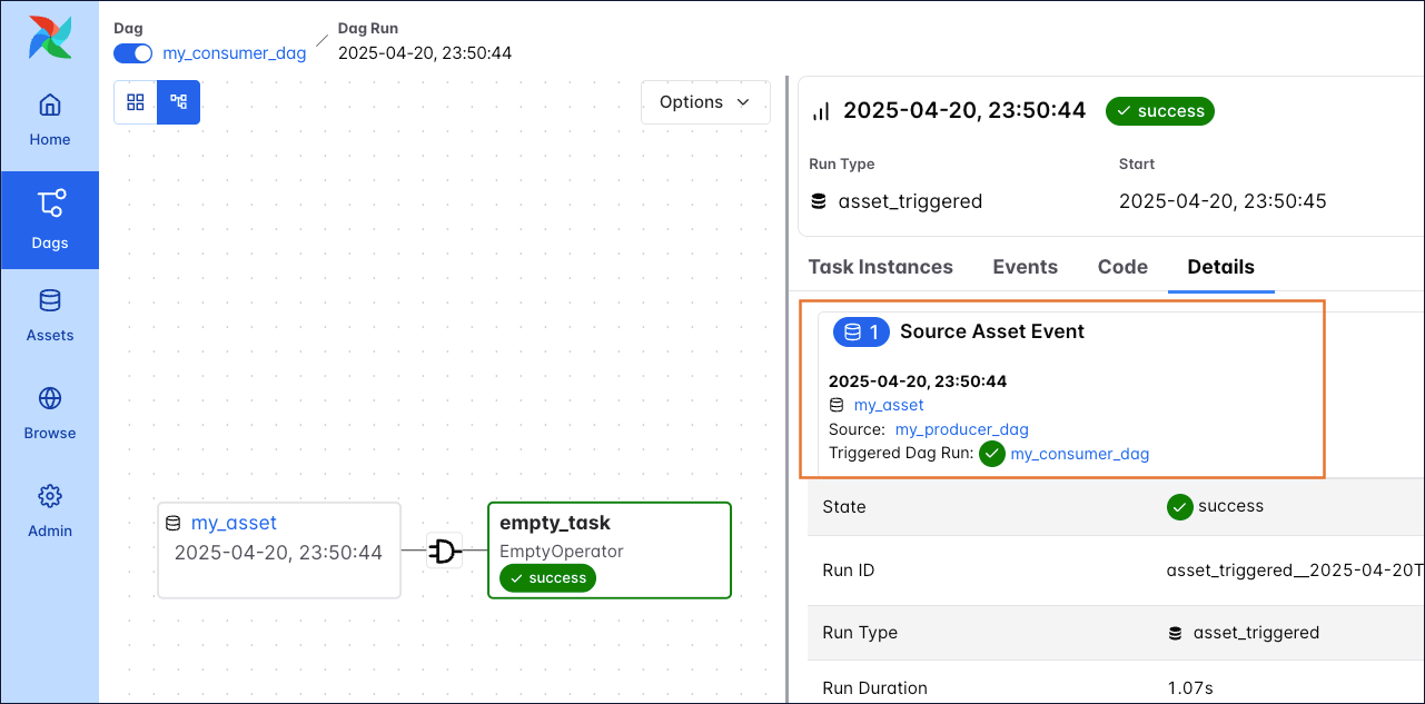 Screenshot of the Details tab of the DAG run of the my_consumer_dag showing one Asset event of the my_asset