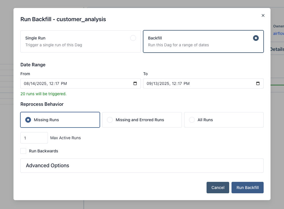 Screenshot of the backfill dialog.