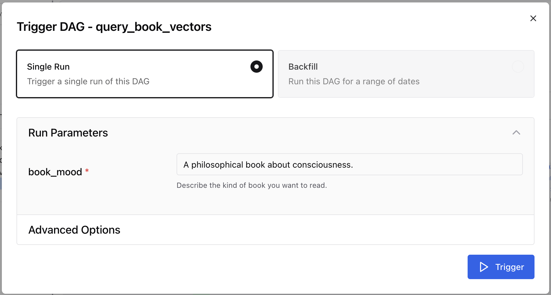 Screenshot of the Airflow UI showing the input form for the book_mood param.