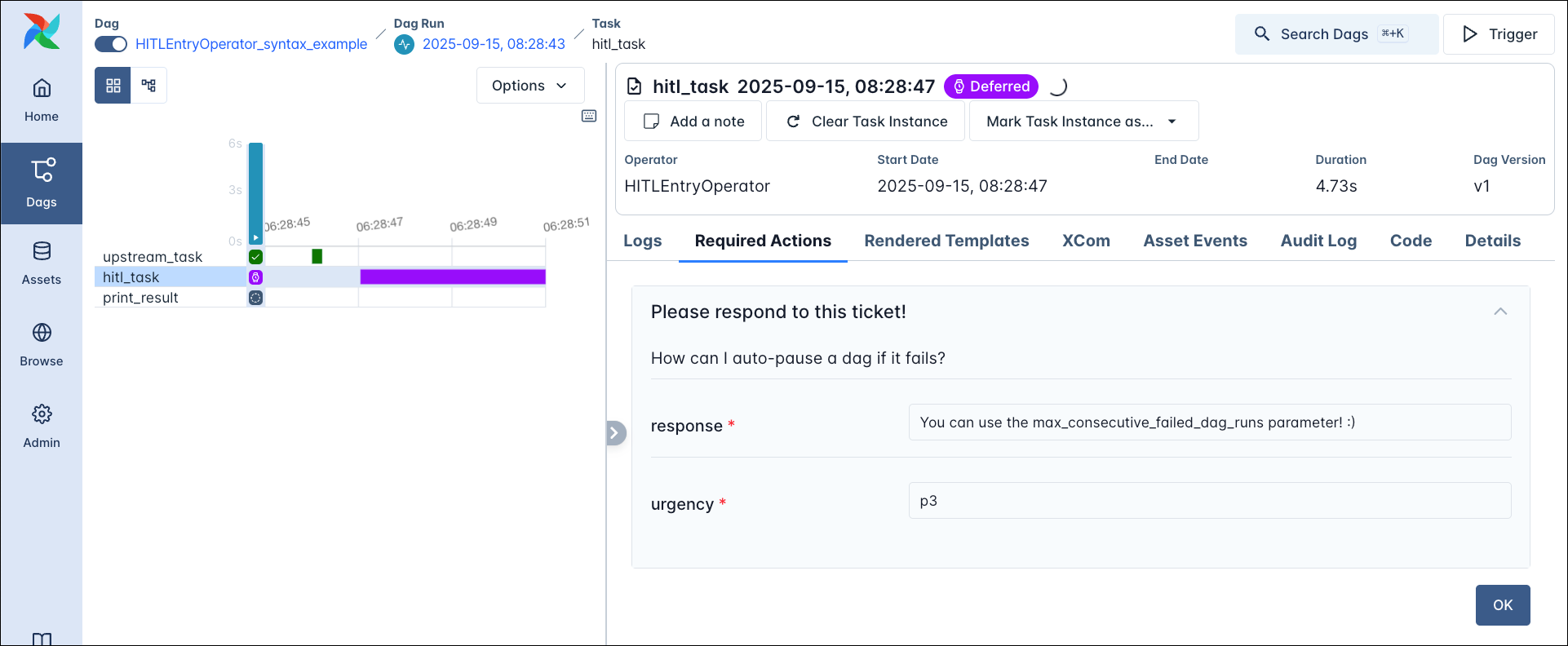 Screenshot of the Airflow UI showing the HITLEntryOperator task instance page with the Required Actions tab open.