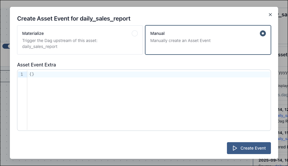 Screenshot of the create asset event dialog.