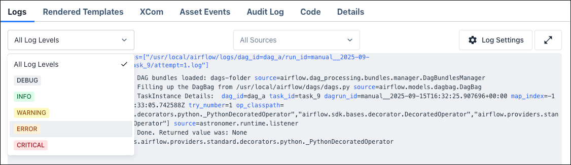 Screenshot of the Logs tab for an individual task instance.
