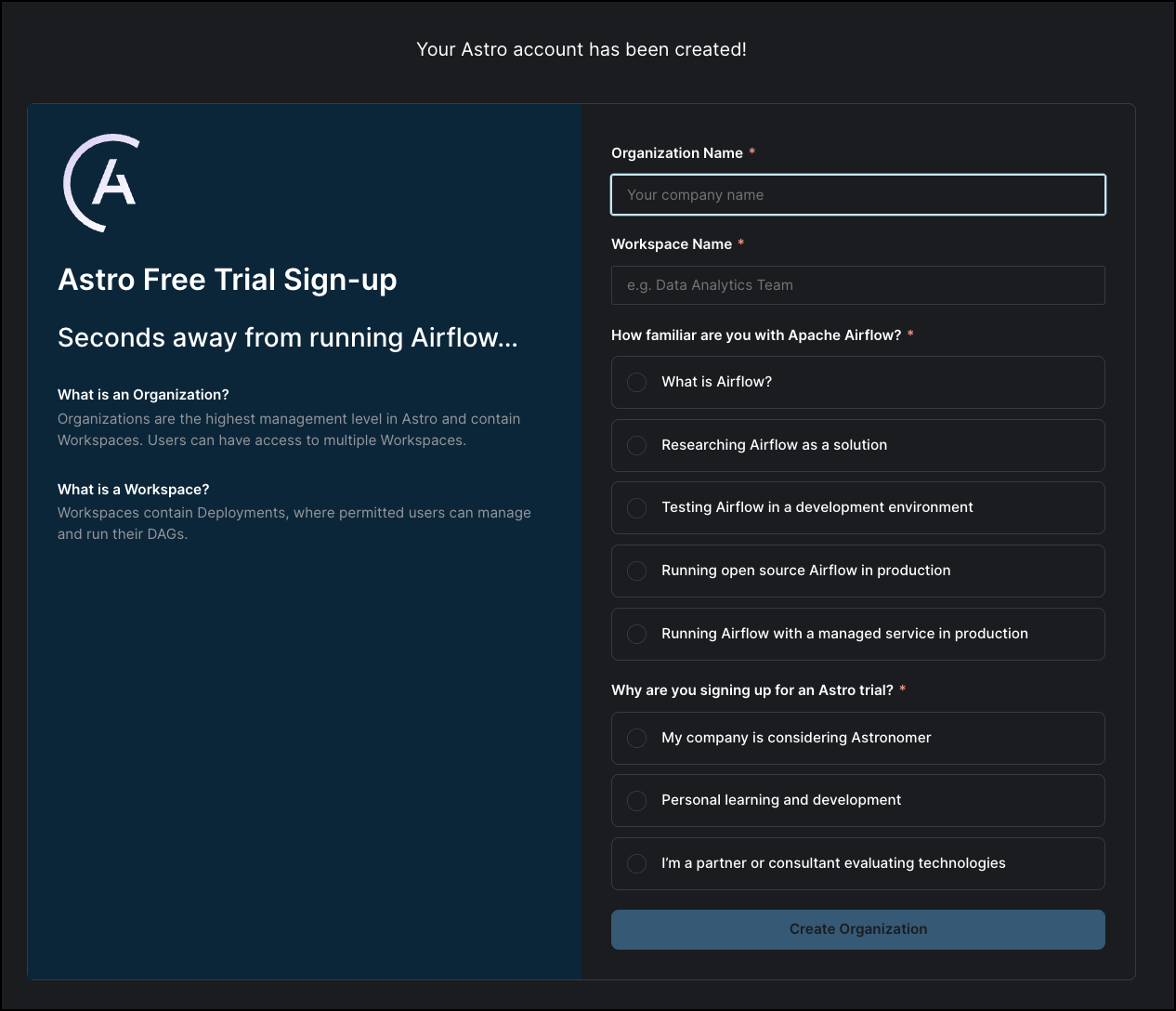 Start your Astro trial | Astronomer Docs
