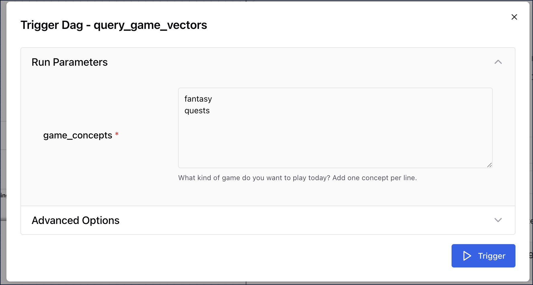 Screenshot of the Airflow UI Trigger DAG view showing the concepts fantasy and quests selected as query params.