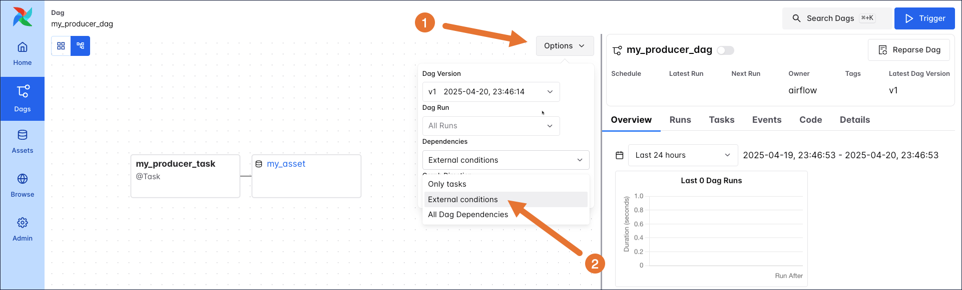 Screenshot of a DAG Graph showing my_producer_task connected to the my_asset asset.