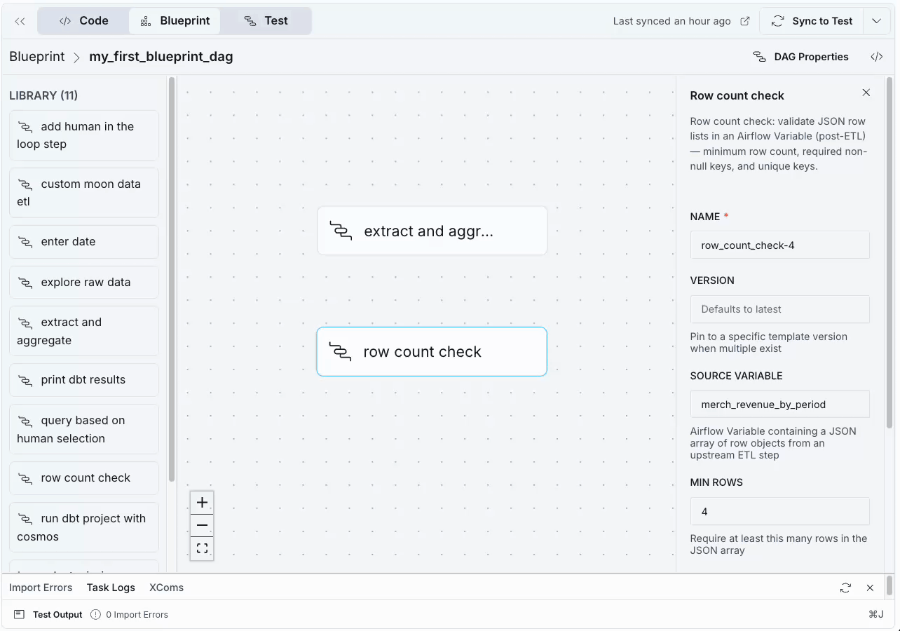 Screen recording of drawing a dependency edge from extract and aggregate to row count check on the Blueprint canvas.