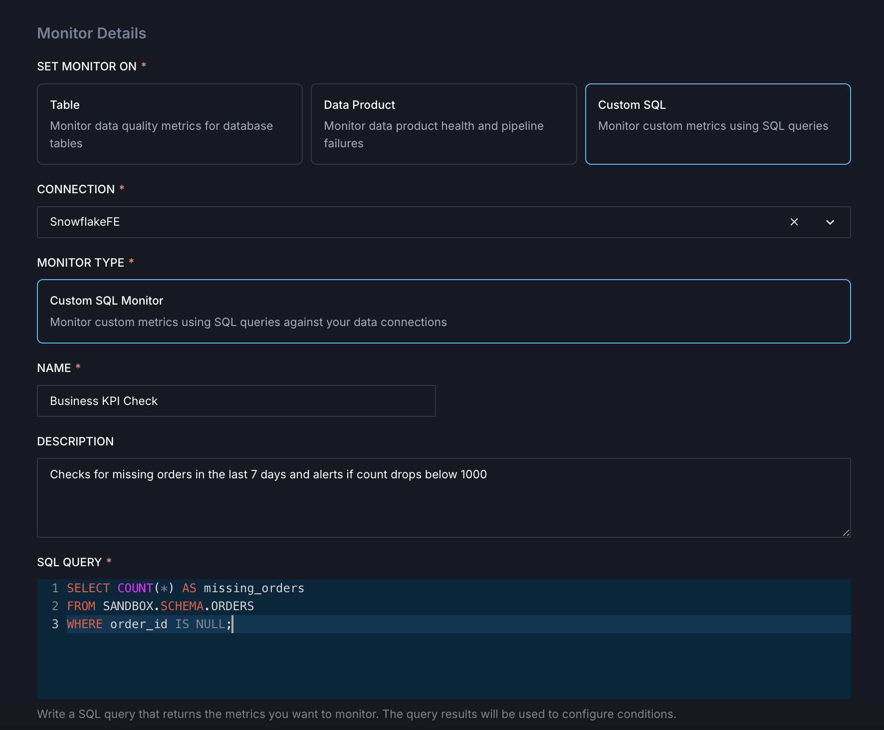 Custom SQL monitor configuration