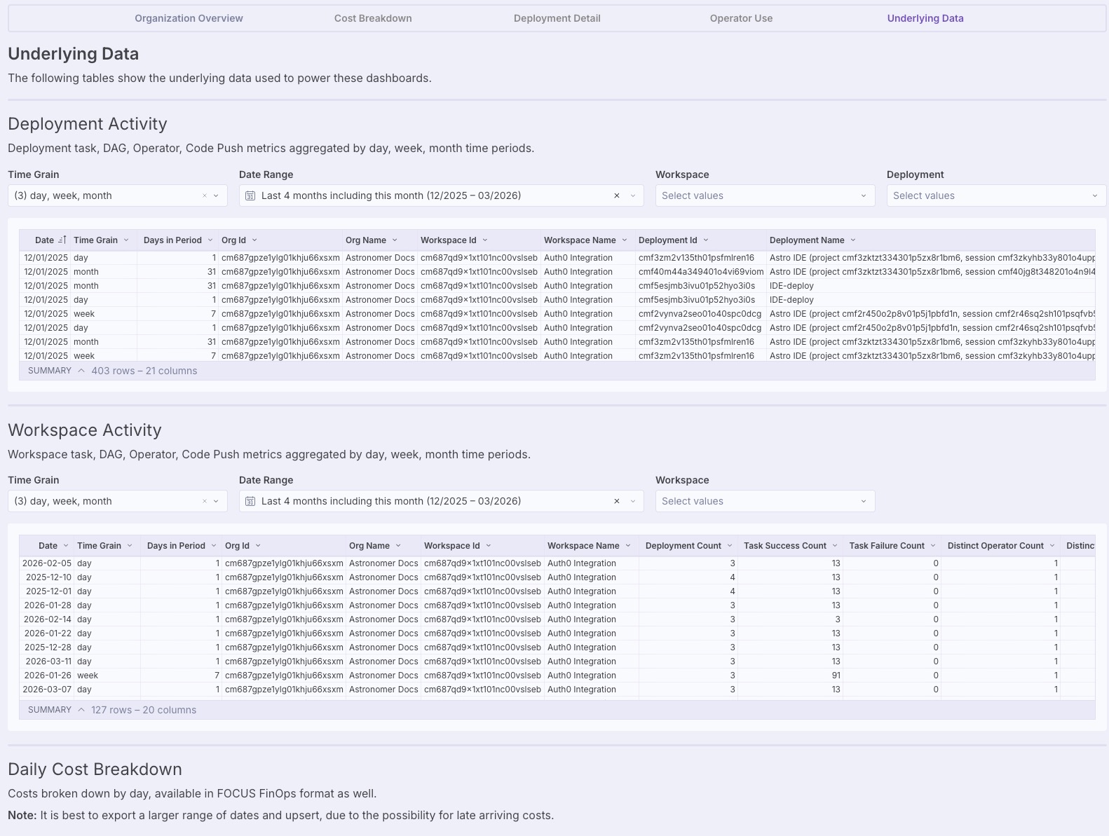 The Underlying Data tab shows raw data tables for Deployment Activity, Workspace Activity, and Daily Cost Breakdown.