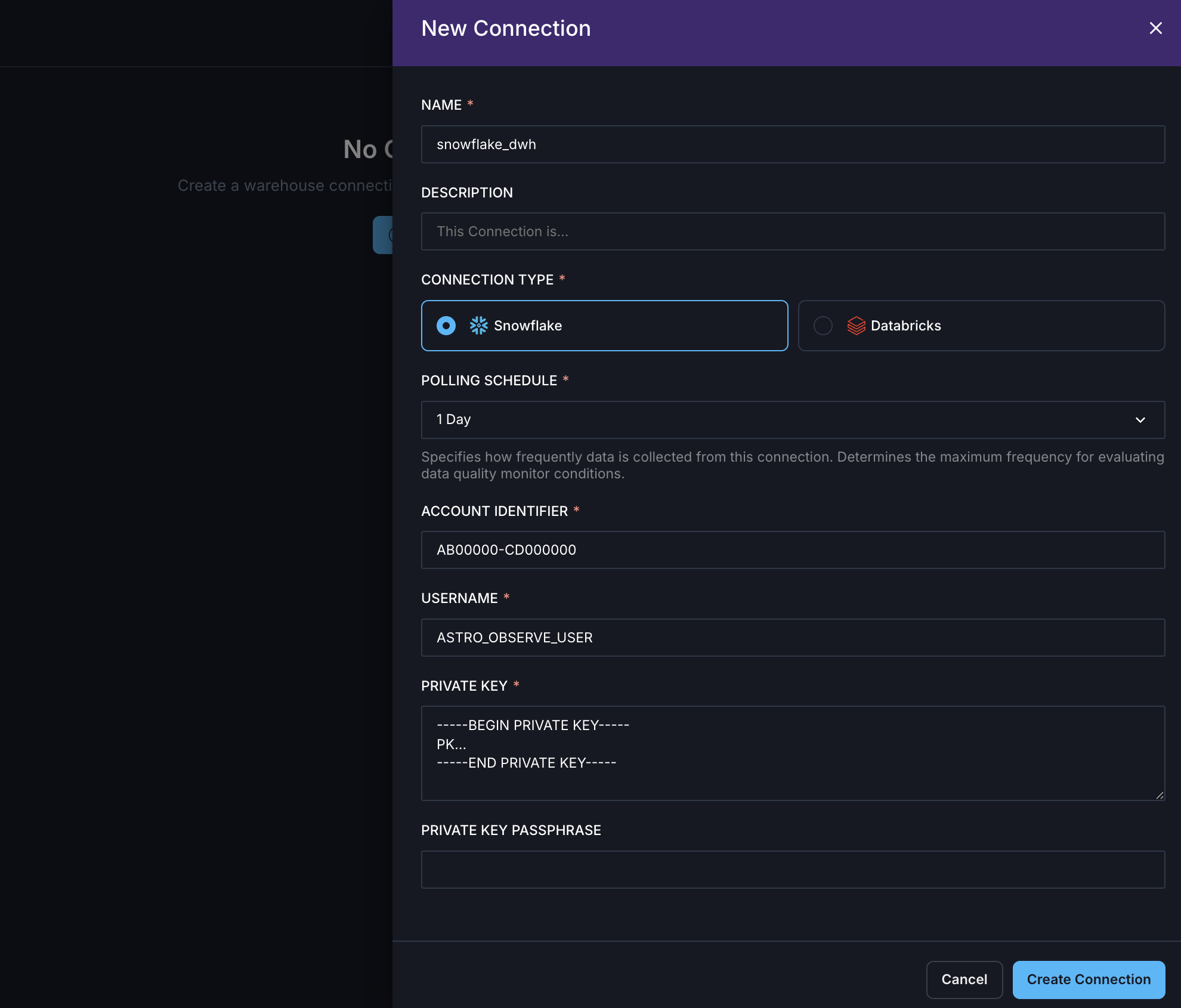 Create a new connection in Astro Observe
