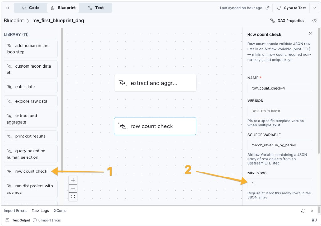Astro IDE Blueprint canvas with row count check selected, library, and min rows in the configuration form.
