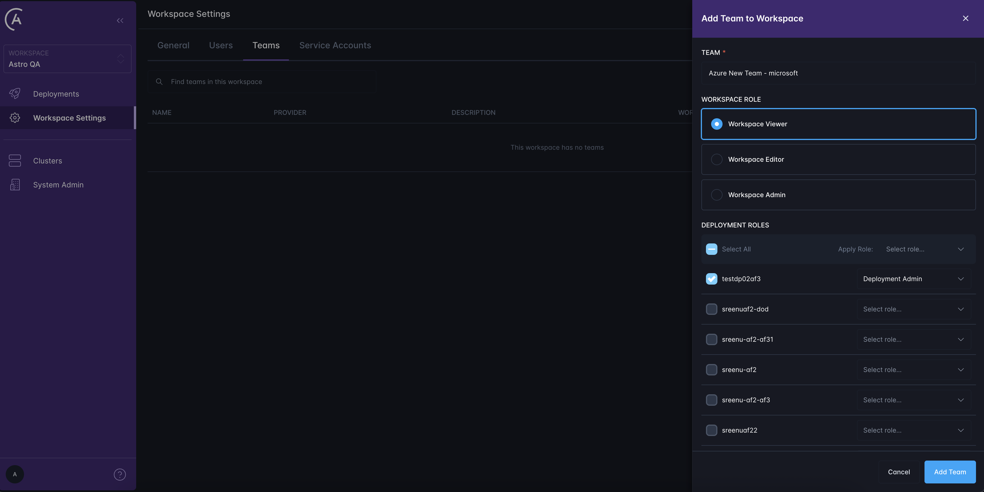 Screen for adding a Team to a Workspace