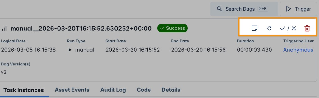 Screenshot of actions for a single Dag run.