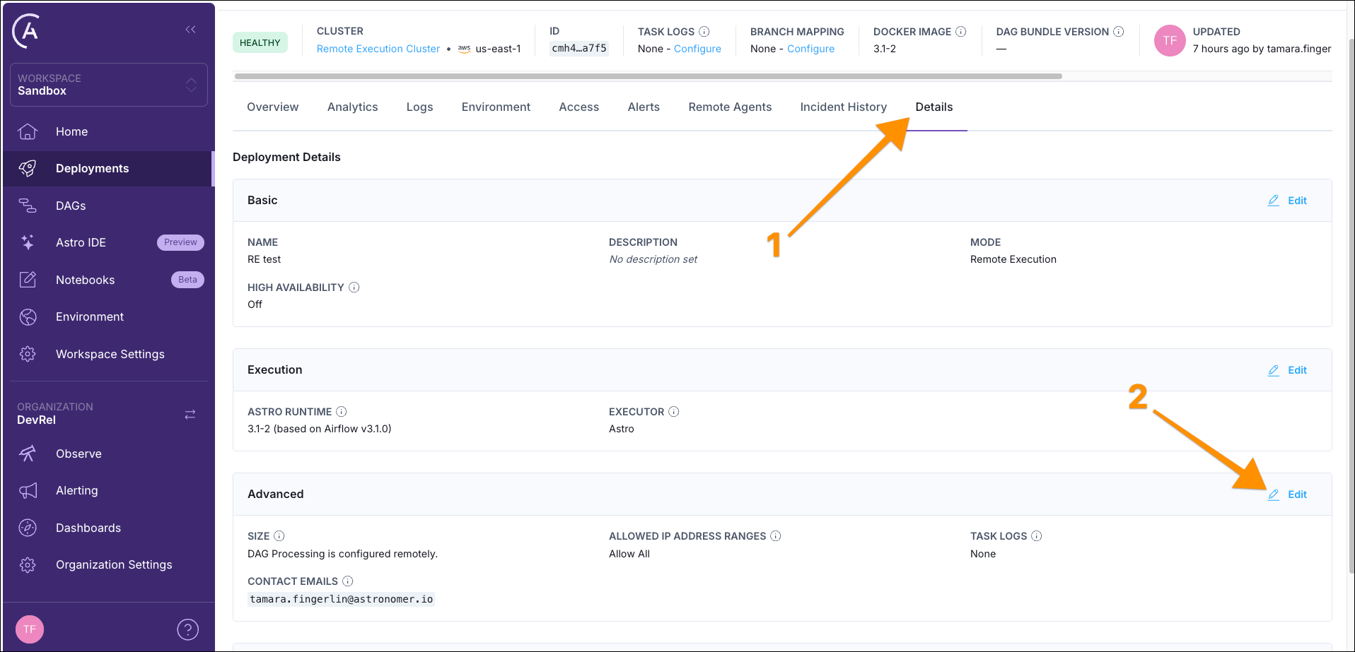Astro UI showing where to configure the task logs.