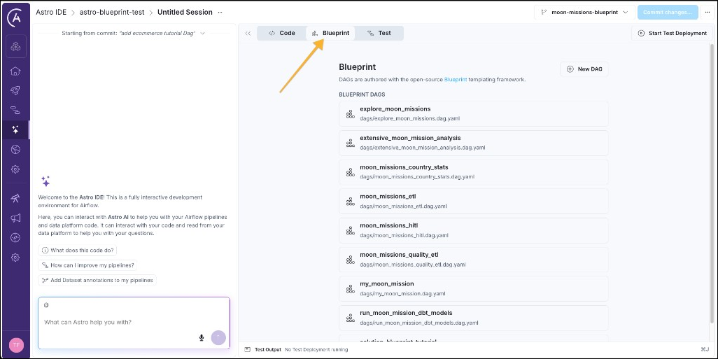 Astro IDE with the Blueprint tab selected, the Dag list, and New DAG.