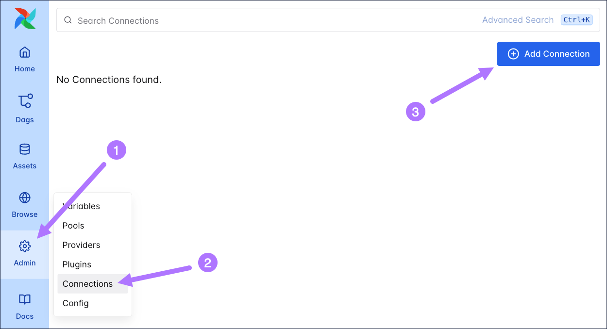 Create a new connection by clicking on Admin, Connections and Add connection.