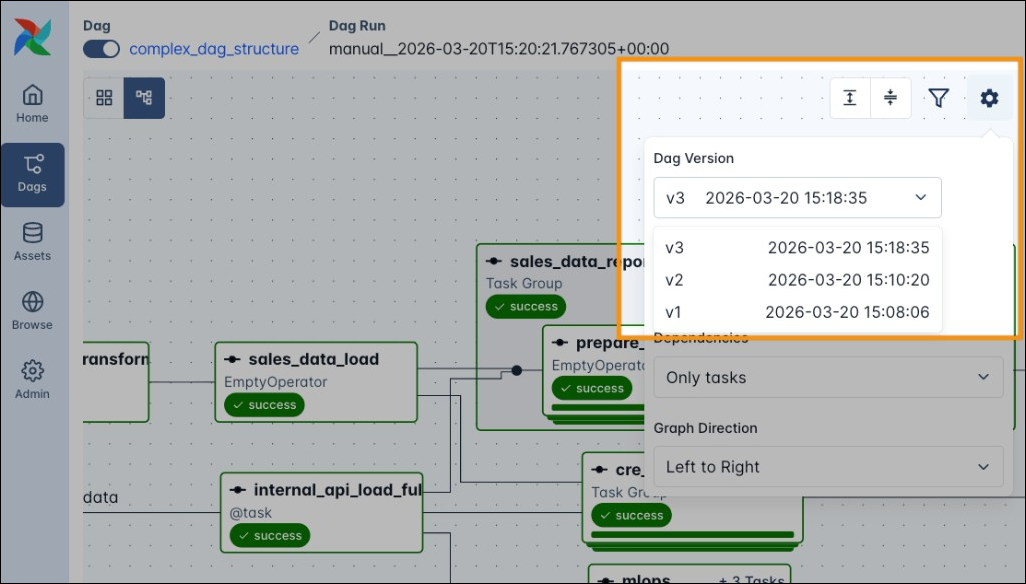 Screenshot highlighting the Dag version switch in the graph view.