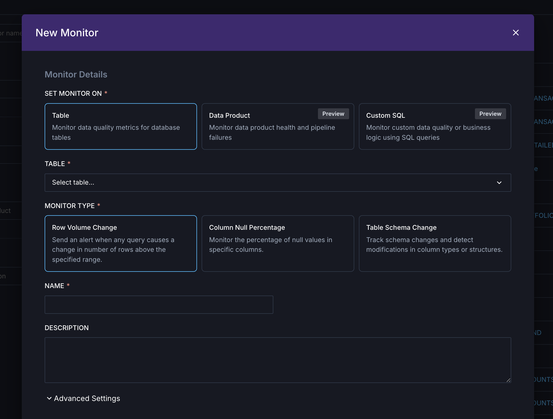 Data quality monitor creation
