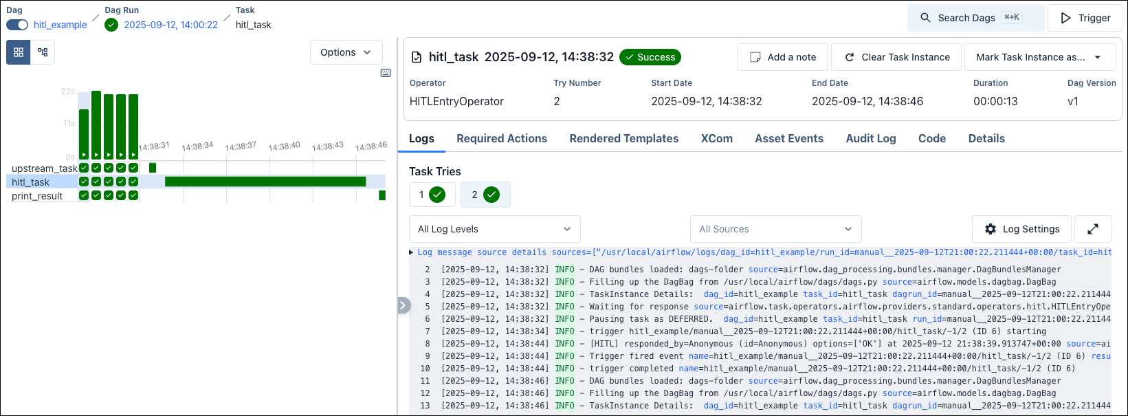 Screenshot of the individual dag view with a task instance selected.