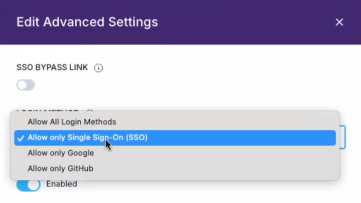 The Edit Advanced Settings dialog with "Allow only Single Sign-On (SSO)" selected in the Login Methods list.