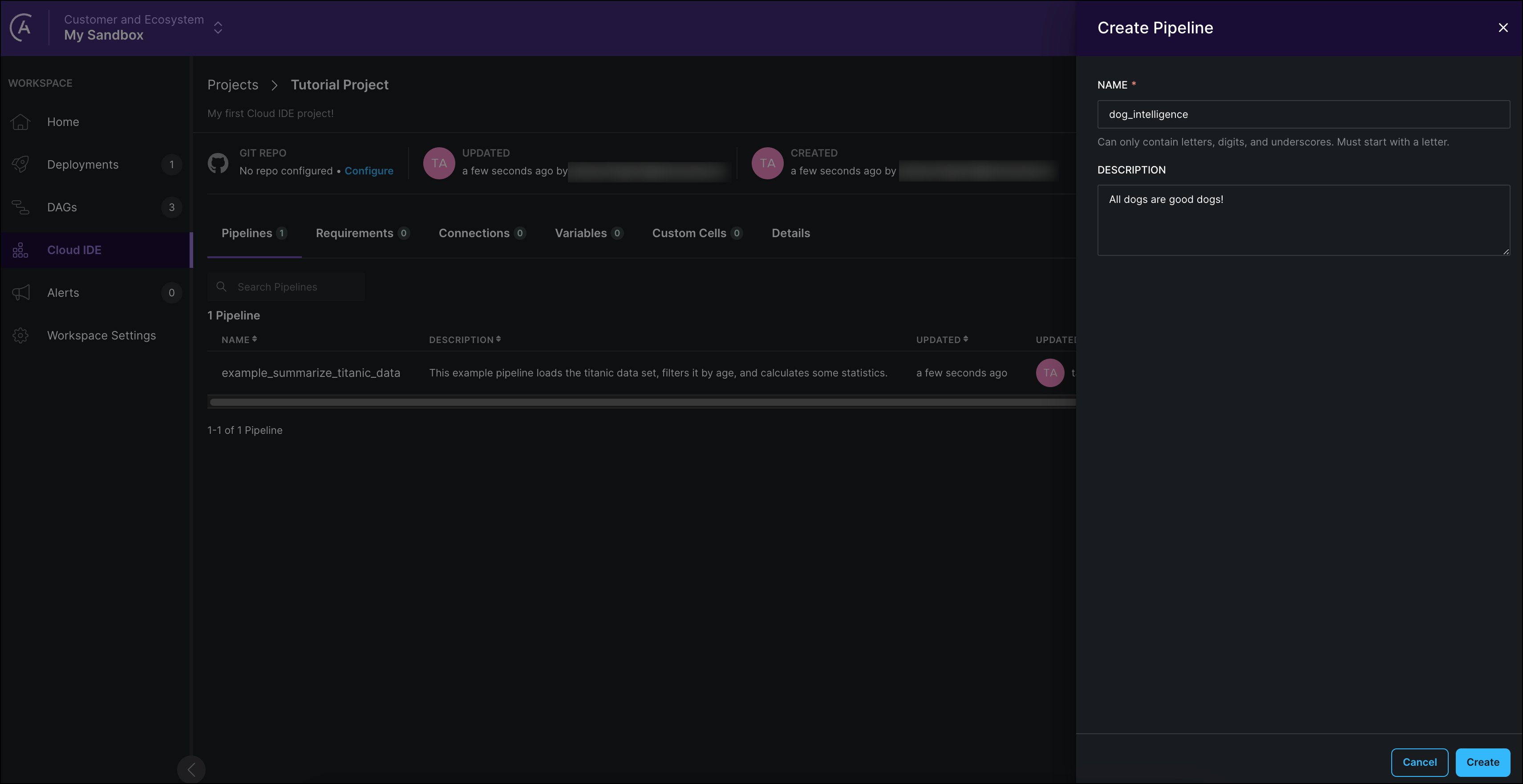 Screenshot of the Astro UI. New pipeline creation dialogue. The pipeline dog_intelligence is created with the description "All dogs are good dogs".