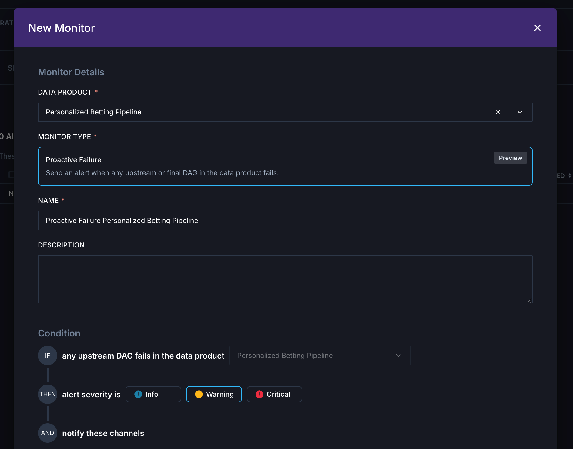 Create Monitor button in Monitoring tab