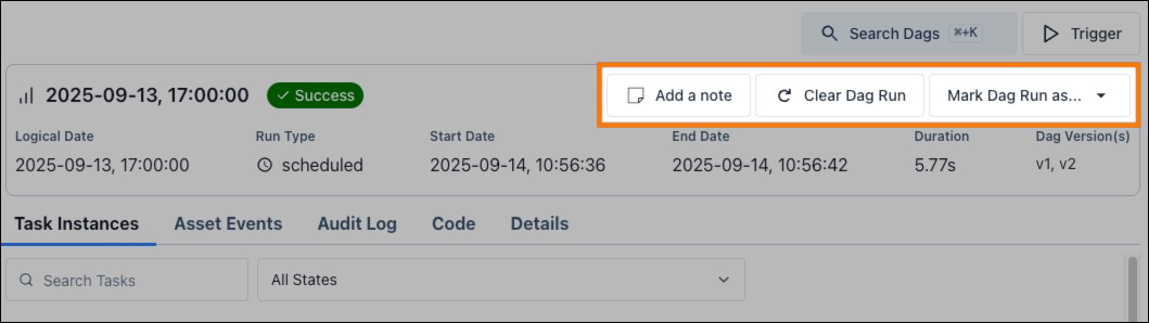 Screenshot of actions for a single dag run.