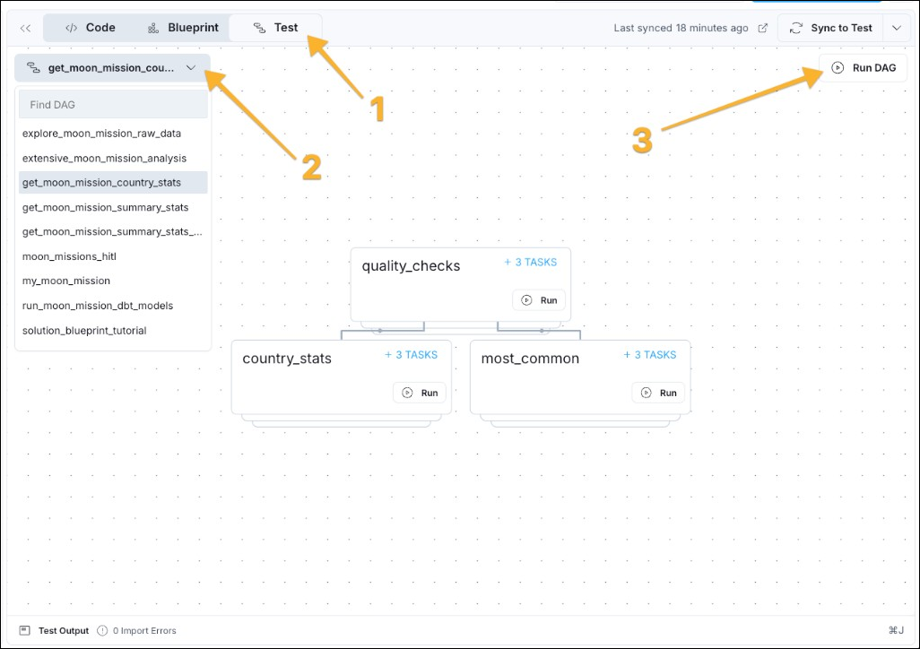Astro IDE with the Test tab selected, the Dag dropdown menu, and the Run DAG button.