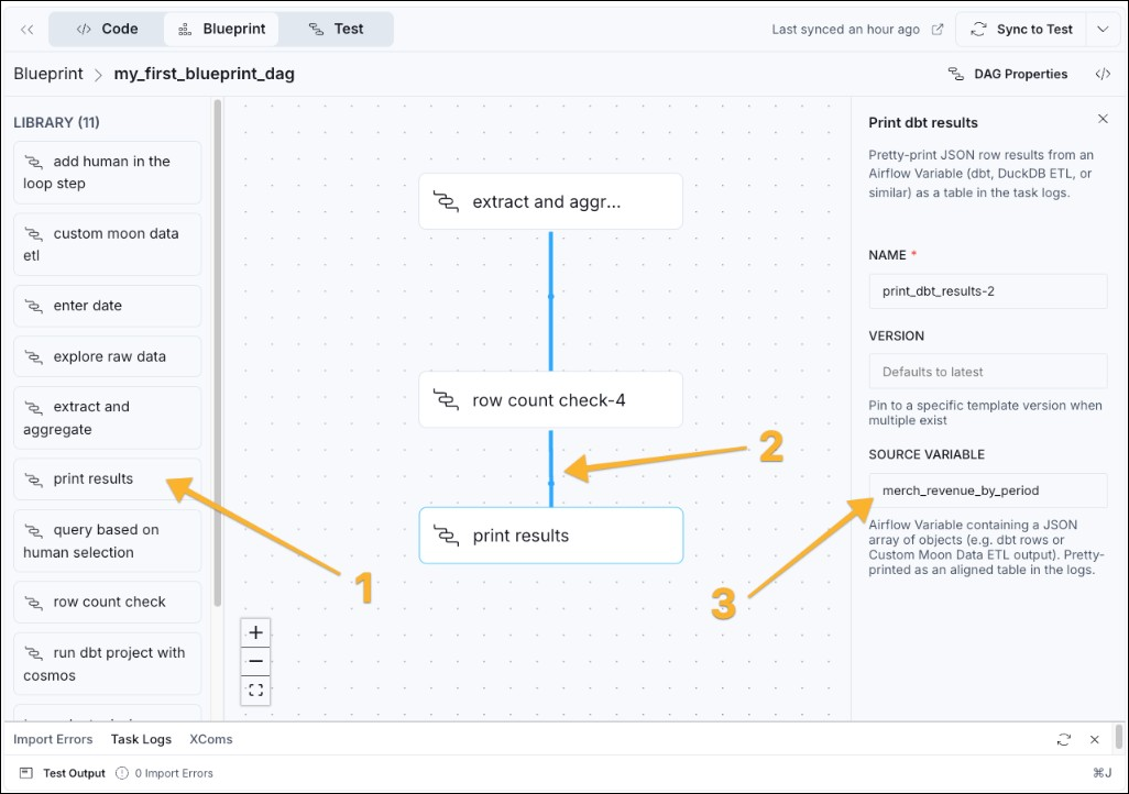 Astro IDE Blueprint canvas with print results, three connected nodes, library, and source variable in the configuration form.