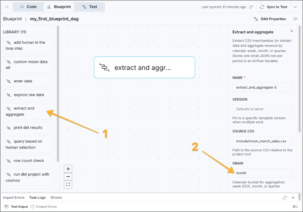 Astro IDE Blueprint canvas with extract and aggregate on the canvas, library, and configuration form with source CSV and grain.
