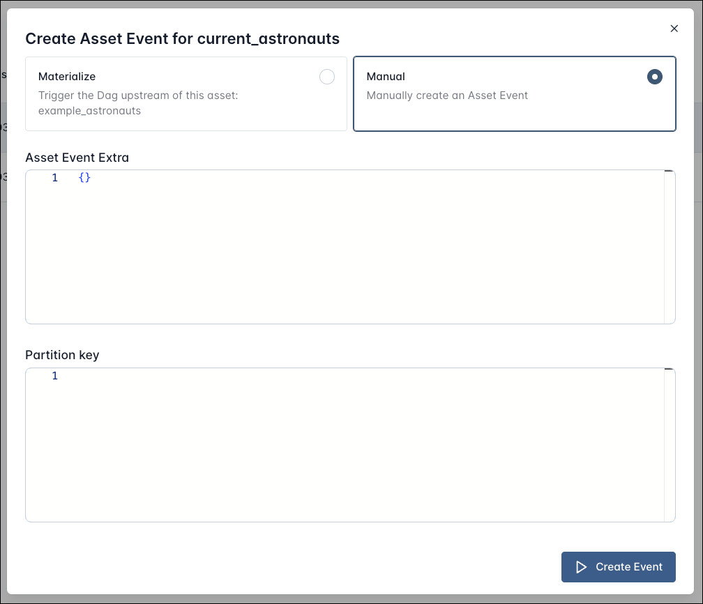 Screenshot of the create asset event dialog.