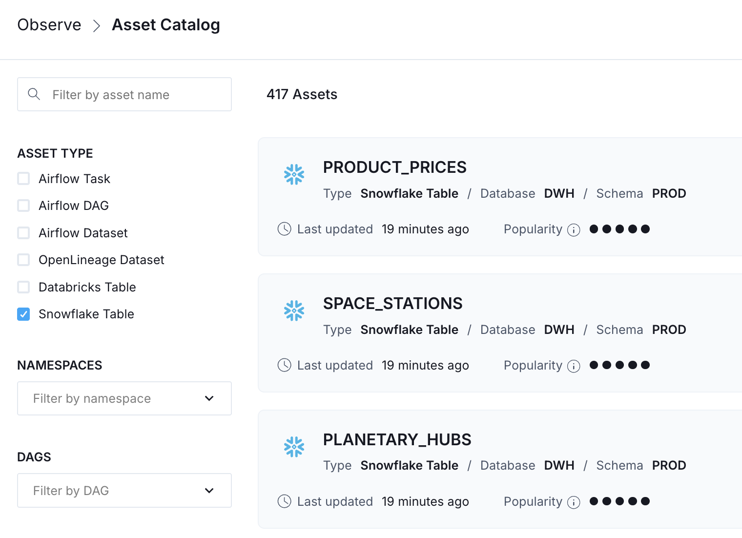 Asset Catalog with table popularity scores