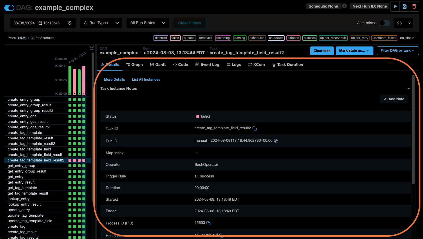 Screenshot of the Airflow UI DAG view of an individual DAG. The right side with the DAG details is highlighted.