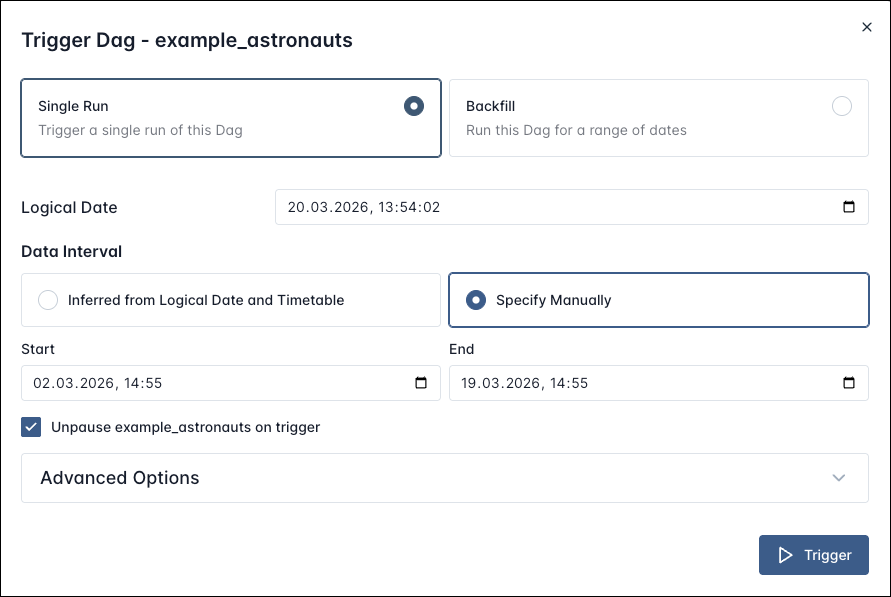 Image of the Trigger Dag form with a manually specified data interval.