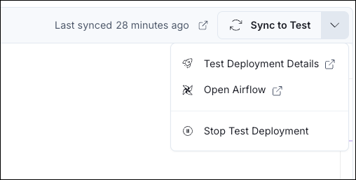 Astro IDE with the Sync to Test menu open showing Test Deployment Details, Open Airflow, and Stop Test Deployment.